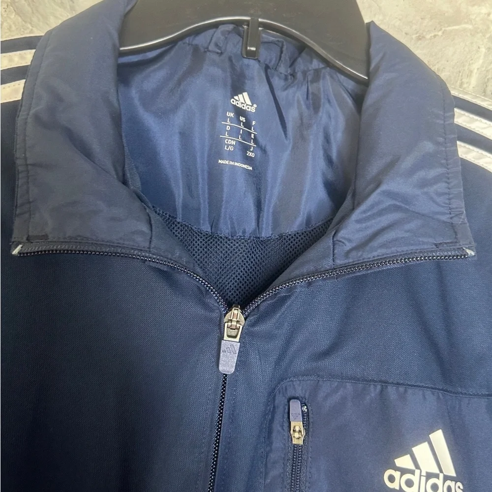 adidas | Men’s 3 Stripe Navy & White Windbreaker With Hidden Hood, Size L